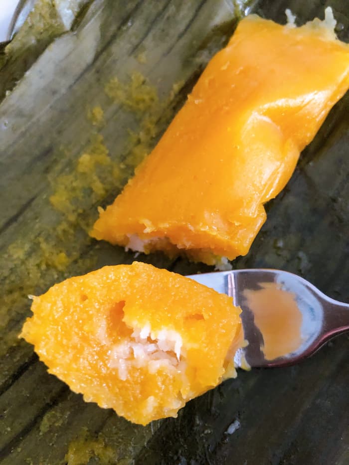 Soft and smooth steamed lepat labu. I love the combination of sweet pumpkin and salty coconut filling.