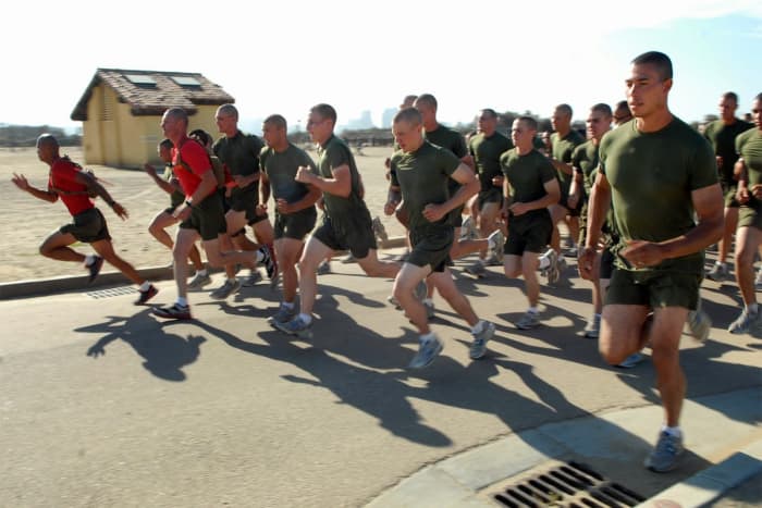 Circuit training workouts are often designed as "do anywhere" strength and conditioning sessions. This form of cross-training is utilized heavily by the armed forces, such as Marines in the photograph.