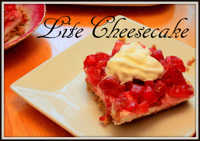 This diabetic-friendly cheesecake is made with Neufchâtel cheese and topped with fresh strawberries (or the seasonal fruit of your choice).