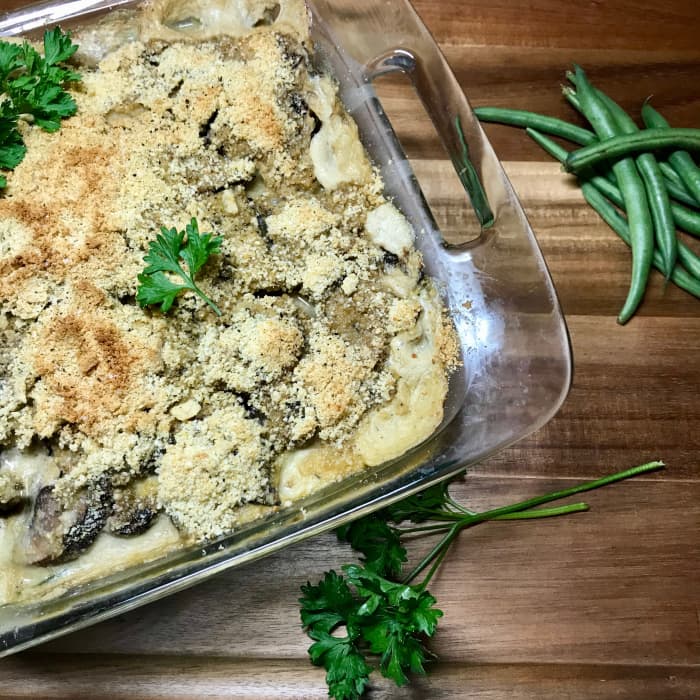 Steamy green bean casserole photographed moments after being removed from the oven.