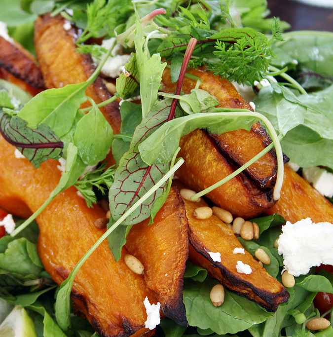 Easy Butternut Squash, Goat Cheese, Rocket, and Pine Nut Salad Delishably
