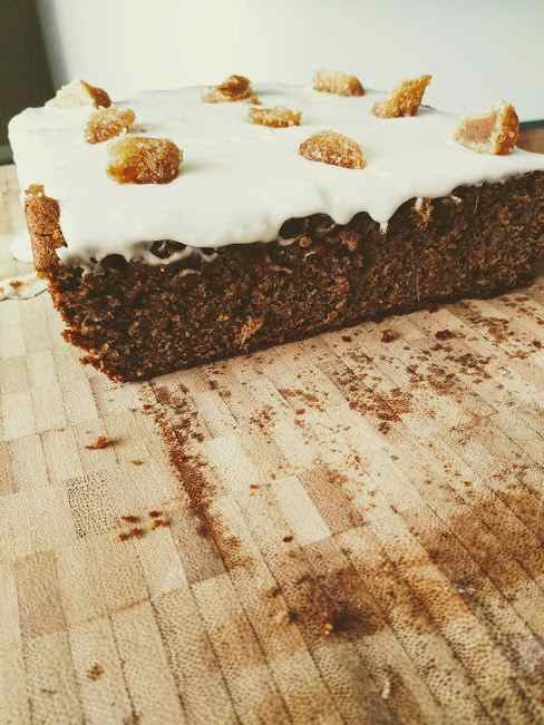 Gluten-free ginger cake topped with lemon or lime icing and crystallized ginger.