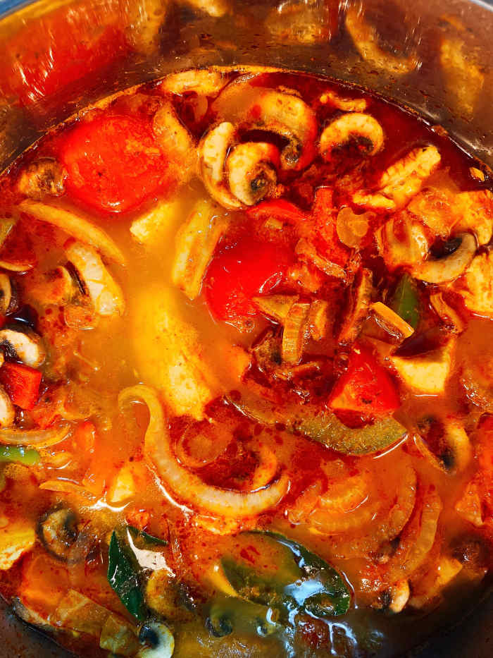 Sweet, sour, and spicy tom yum soup is ideally served with steamed white rice.