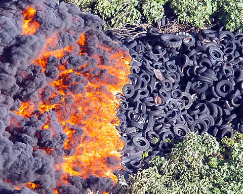 A pile of burning tires.