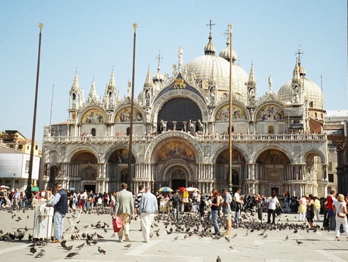 Basilica di San Marco (St. Mark's Basilica), the most famous of the many beautiful churches in Venice, it dates from 1094. Built to house the body of St. Mark, it is a fine example of Byzantine architecture and is now the cathedral of Venice.