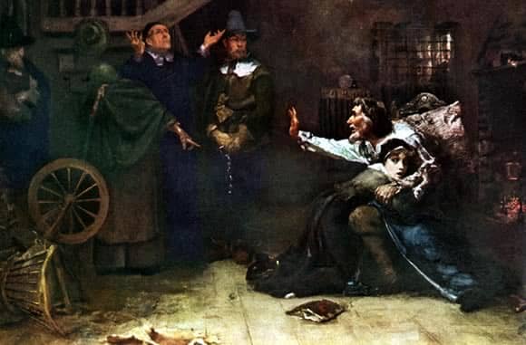 "Accused of Witchcraft" – a young girl accused of witchcraft clings to her father, who gestures towards the authorities, who have come to arrest her.