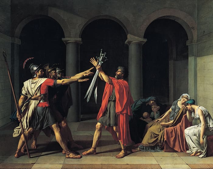 Jacques-Louis David, Oath of the Horatii, oil on canvas, 3.3 x 4.25m, commissioned by Louis XVI, painted in Rome, exhibited at the salon of 1785 (Musée du Louvre)