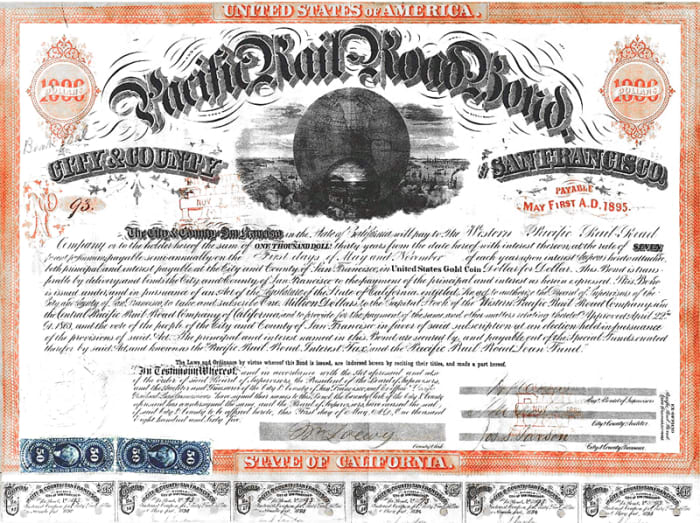 Vintage Bond certifcate with coupons at the bottom. Today, most bonds are held in brokerage accounts rather than holding the paper certificates.