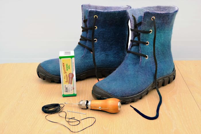 These wet felted boots are ready to be attached to rubber soles with Speedy Sewing Awl and latex.