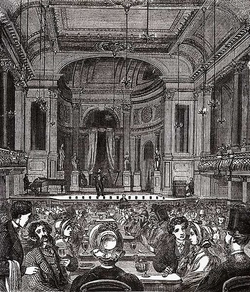 The Oxford Music Hall in 1875 where the audience could get well lubricated, the better to enjoy comic songs.