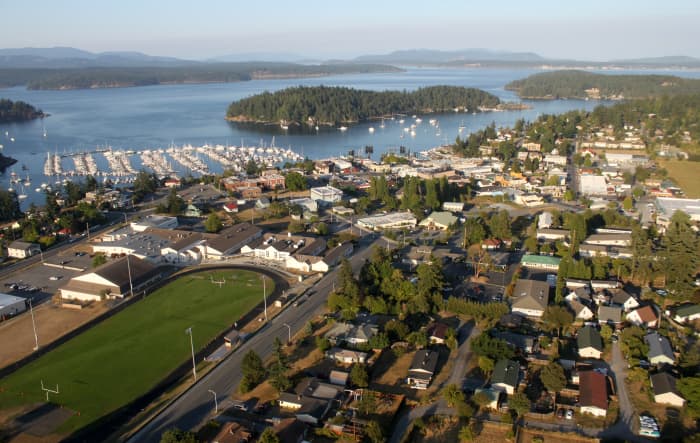 Friday Harbor, Washington, is a lovely community on San Juan Island, about 70 miles northwest of Seattle. This aerial view shows the beautiful vista that beckons to visitors.