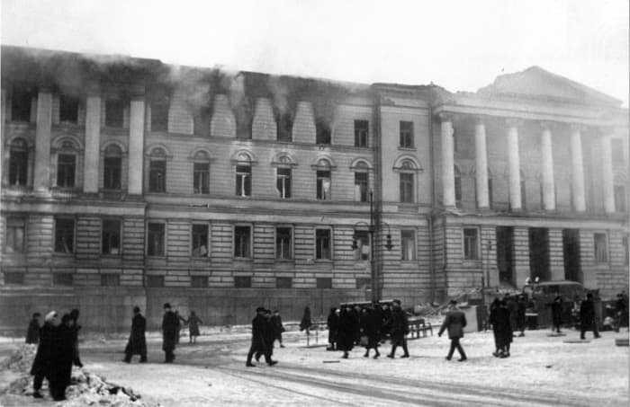 Helsinki University burning after being bombed by the Soviets during the Great Raids. Taken on February 27, 1944