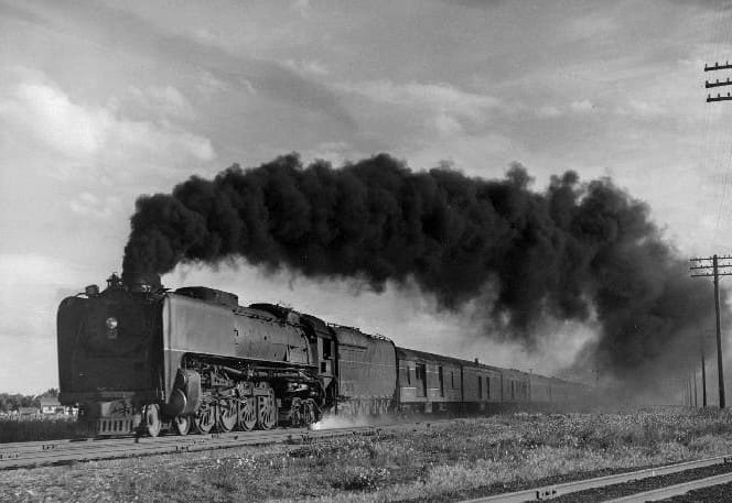 Union Pacific train "Pony Express" pulled by UP locomotive 844 in 1949. The train traveled between Kansas City and Los Angeles until 1954, when it was discontinued.