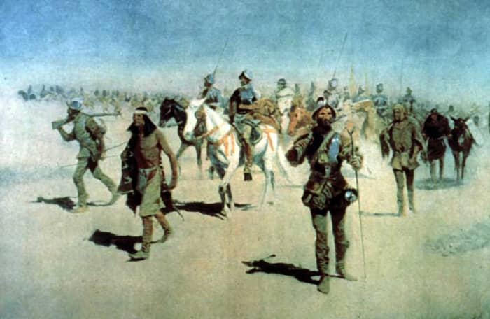 "Coronado sets out to the north" — oil painting by Frederic Remington. Spanish Francisco Vázquez de Coronado Expedition (1540 - 1542), passing through Colonial New Mexico, to the Great Plains. Probably painted in 1890s