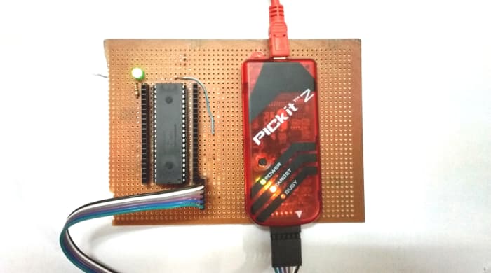 The dspic30f micro-controller connected to its programmer, Pickit. (You might want to add a LED and blink it to make sure the controller is up and running)