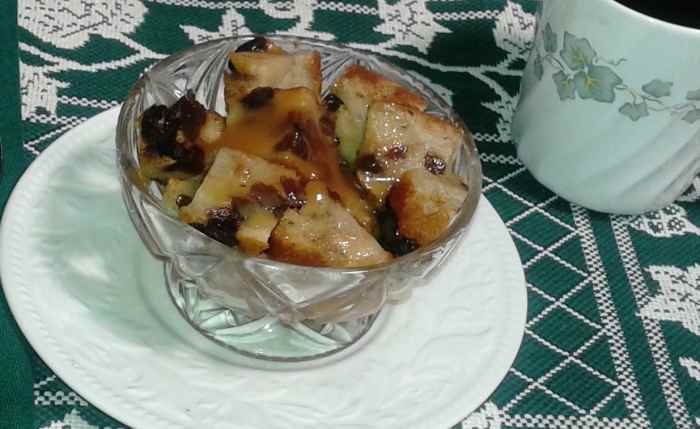 Comfort foods like this bread pudding with apples and caramel sauce lift our spirits.
