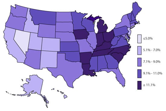 Percent of US Youth Aged 4-17 Ever Diagnosed with Attention-Deficit/Hyperactivity Disorder by State: National Survey of Children's Health (2011)