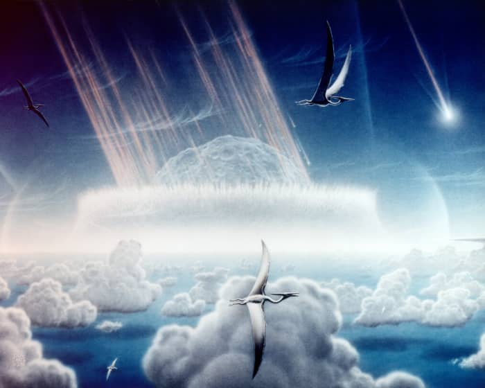 An artists impression of the asteroid that is thought to have wiped out the dinosaurs 65 Ma years ago.