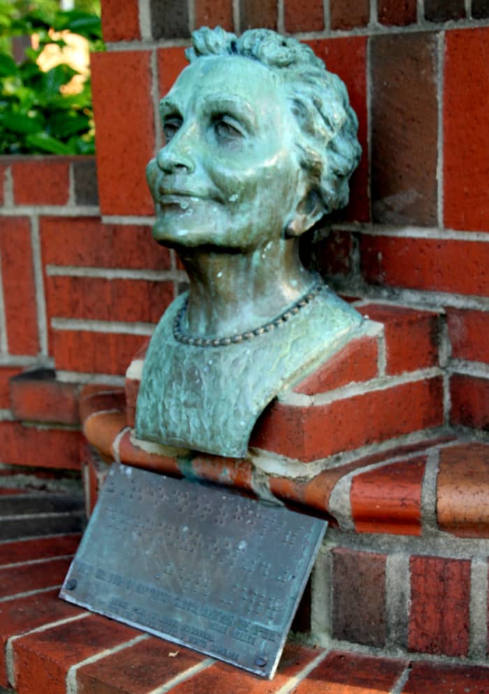 This bronze bust of Helen Keller resides in the Martha Frank Garden at The Governor Morehead School for the Blind in Raleigh, NC