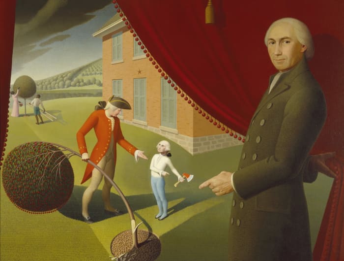 There is no credible evidence that George Washington actually cut down a cherry tree as a youth, as depicted in this painting by Grant Wood.