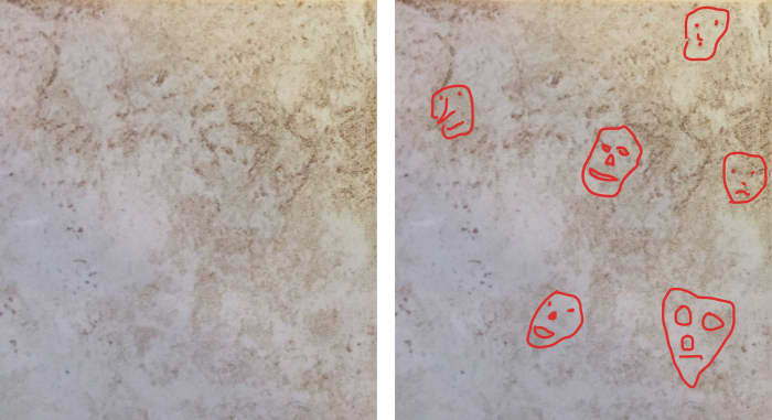 Faces in a pattern on a ceramic floor tile. I see four others that I did not mark, can you see them?