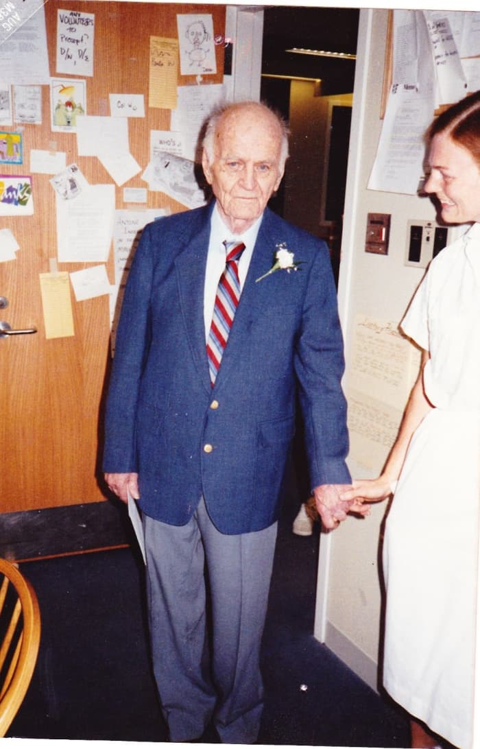 My dad on his 50th wedding anniversary with nurse Mimi Hawkes, Beth Israel Hospital, Boston, 1987