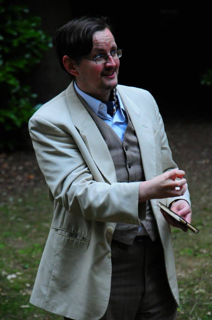 Me as Boris Trigorin in an amateur production of "The Seagull" (Garden Suburb Theatre, London, July 2013). Being anxious.