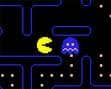 Pac-Man has eaten a power pellet. Note the ghost is blue and looks 'scared.'