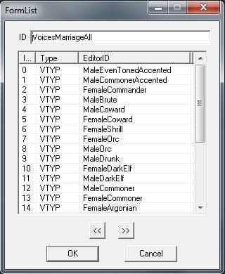 The VoicesMarriageAll formlist includes all of the voices that are authorized for marriage partners.
