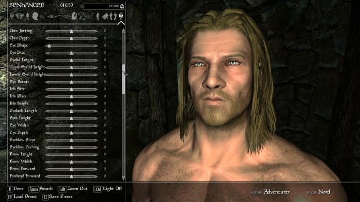 An example of the sliders added to the Player Character creation screen by the excellent "Skyrim" mod, "Race Menu".