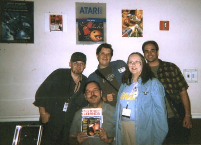 (L-R) Bill Kunkel, Arnie Katz, Chris Kohler, Joyce Worley Katz, and Al Riccitelli at the Classic Gaming Expo 2002 in Las Vegas. Photo by Chris Kohler.