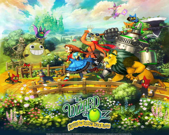 A promotional image for "The Wizard of Oz: Beyond the Yellow Brick Road," showing off the anime style re-imagining of the the Wizard of Oz for this game.