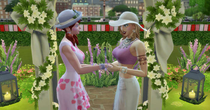 Kinga and Elyse, my two Sims I've written about a few times, had a beautiful informal wedding on a spring afternoon in a city park. Who says brides must wear white?