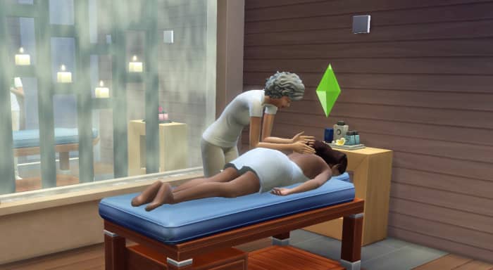 There is also a massage table. When placed on a spa lot, there will be a massage therapist available. Anywhere else and your Sim can click it to order a masseuse.