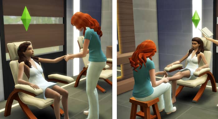 With the reflexology chair, your Sim can request a hand or foot massage from a massage therapist. If there is no therapist around, click on the chair to bring one to you anytime, day or night.
