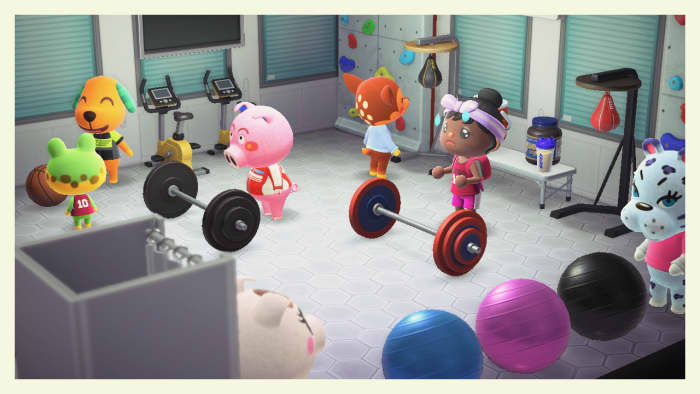 My character (centre) isn't a fan of working out, but it looks like Biskit and Henry are having a fun b-ball game to the left.