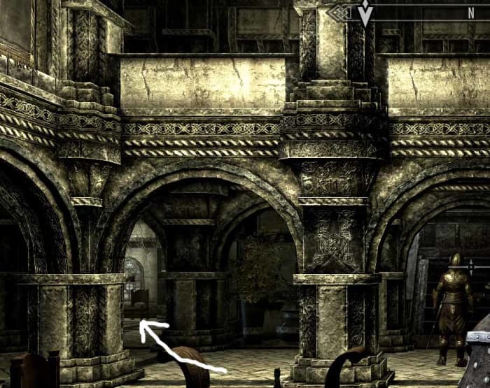 "Skyrim" Thalmor Embassy Elenwen Solar Interior: Wait for the guard to walk up the stairs and then go left into the Ambassador's Office.
