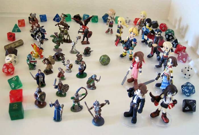 "D&D" dice—including that worn yellow-and-green D12 from my 1979 basic "D&D" set—and my old painted figures from the '80s, along with more recent "Final Fantasy" figs.