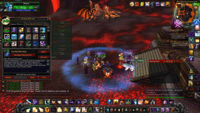 I'm in a raid while finishing up my screenshots, so ignore the raid. Look at the pop-up screen. This is the macro interface and the macro itself for guild recruiting.