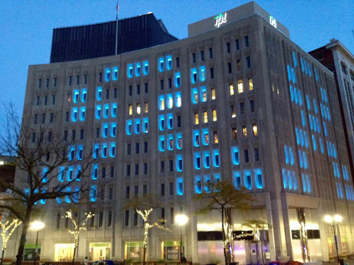 The Indianapolis Power & Light building in downtown Indianapolis lights up for the International Trigeminal Awareness Day on October 7th, 2015.