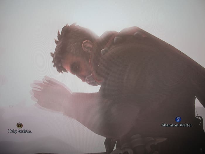 An example of a moral dilemma in "Fable III." You can choose to help or abandon your injured and blinded friend.