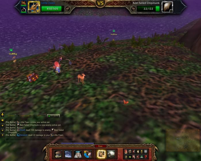 The Pet Battle UI shows your pet's skills, as well as stats and the Trap ability.
