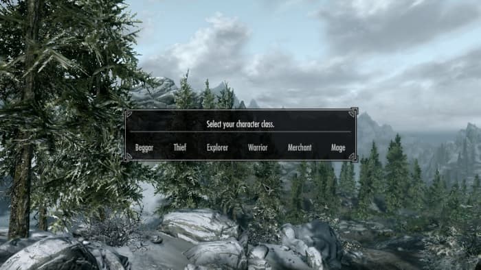 Select your character class to determine your starting equipment in Skyrim.