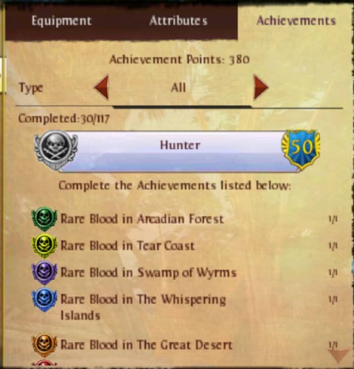 This is a part of the Hunter Achievement list. There is more; this is just an example for Rare Blood.