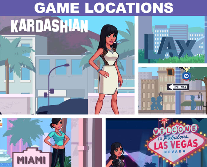 Cheats for "Kim Kardashian: Hollywood" game locations. Hollywood, LAX, New York, Miami and Las Vegas. New locations include Punta Mita, Mexico, Paris France and London, England.