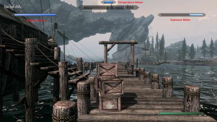 Frostfall mod in action, showing how Weathersense shows the current condition of my character.