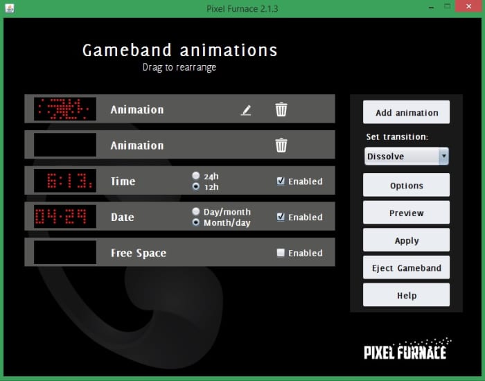 PixelFurnace allows you to completely customize your Gameband's functionality.