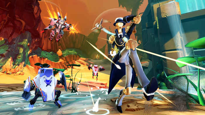 (From left) gladiator Caldarius chasing Marquis, the robot who snipes with his cane and summons exploding owls