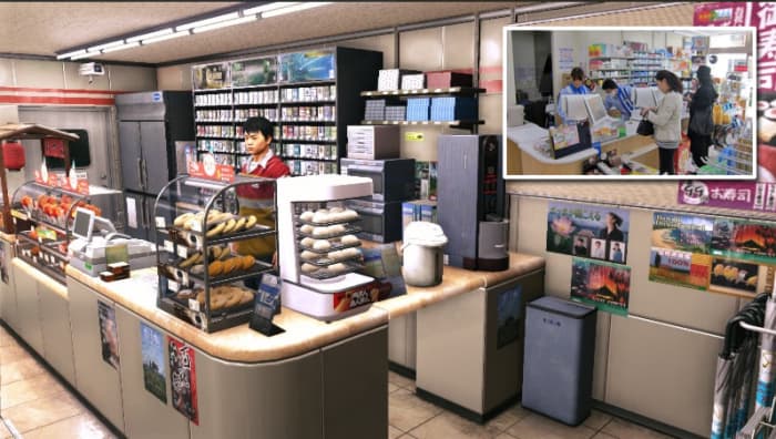 Convenience store in "Yakuza 6: The Song of Life." Meticulously designed to resemble actual Japanese "konbini" stores.