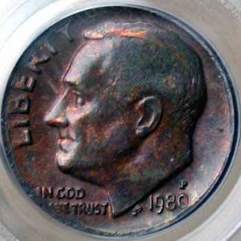 1980 Roosevelt dime error missing clad layer.